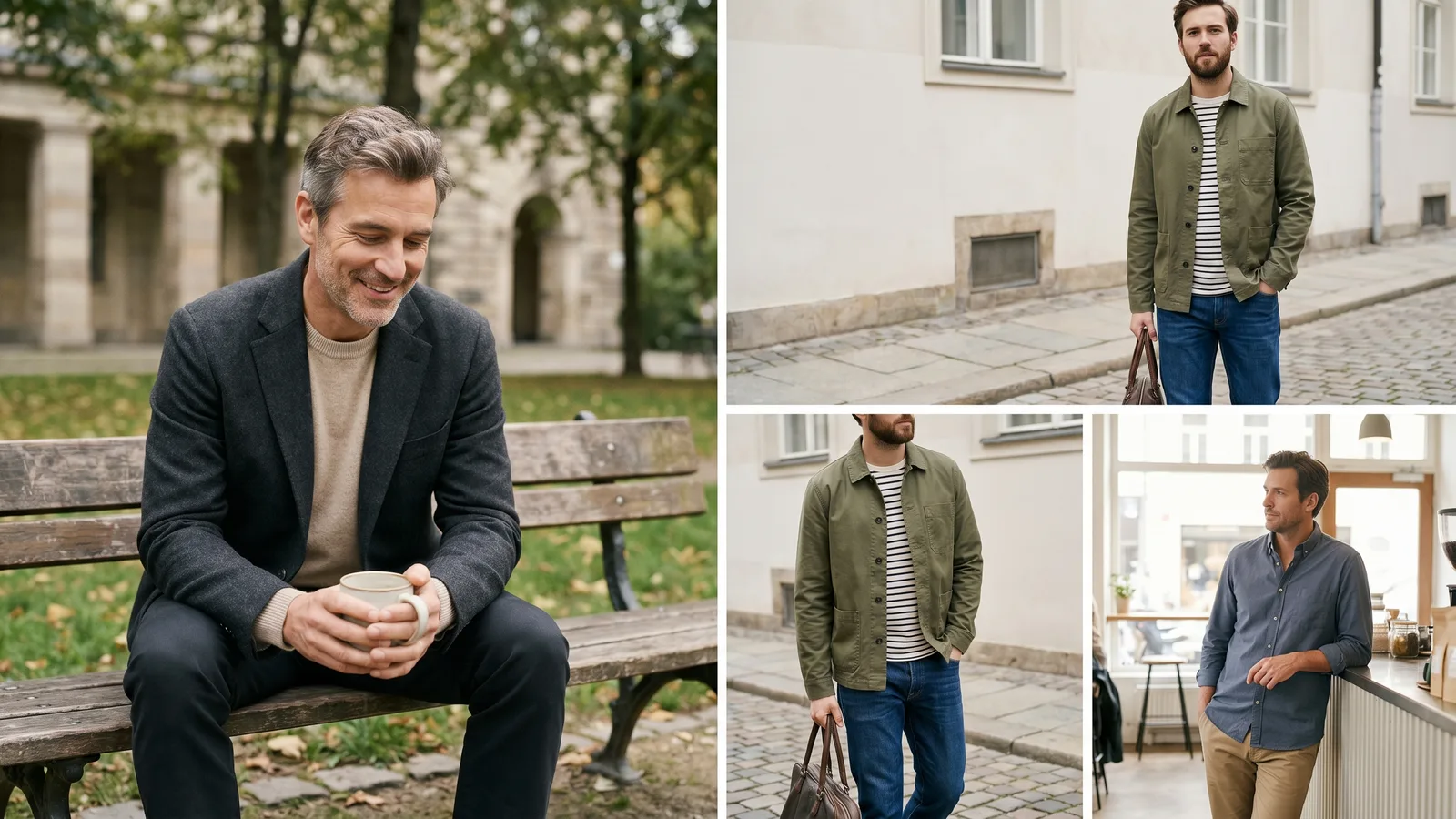 A man in relaxed smart and casual wear walks naturally through a modern city street.