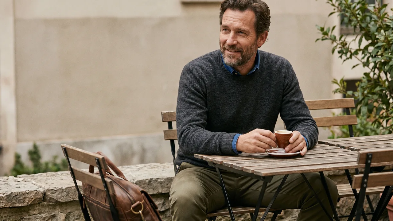 Man in smart casual clothes—a knit, collared shirt, and chinos—sips coffee at a relaxed outdoor cafe.