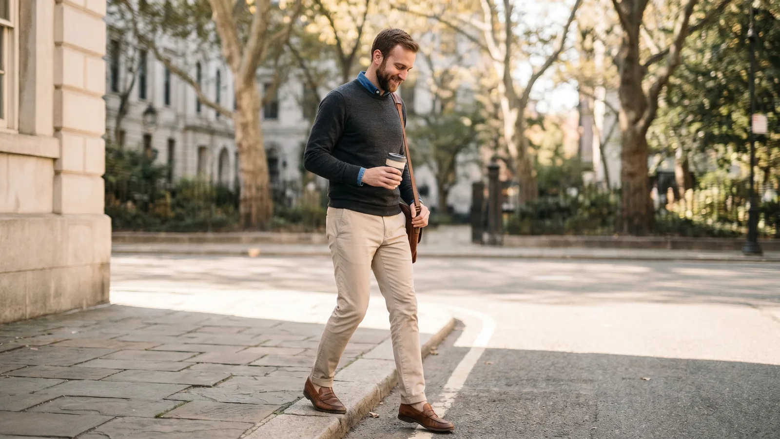 A man wearing smart casual clothes steps from a cafe onto a sunlit city street.