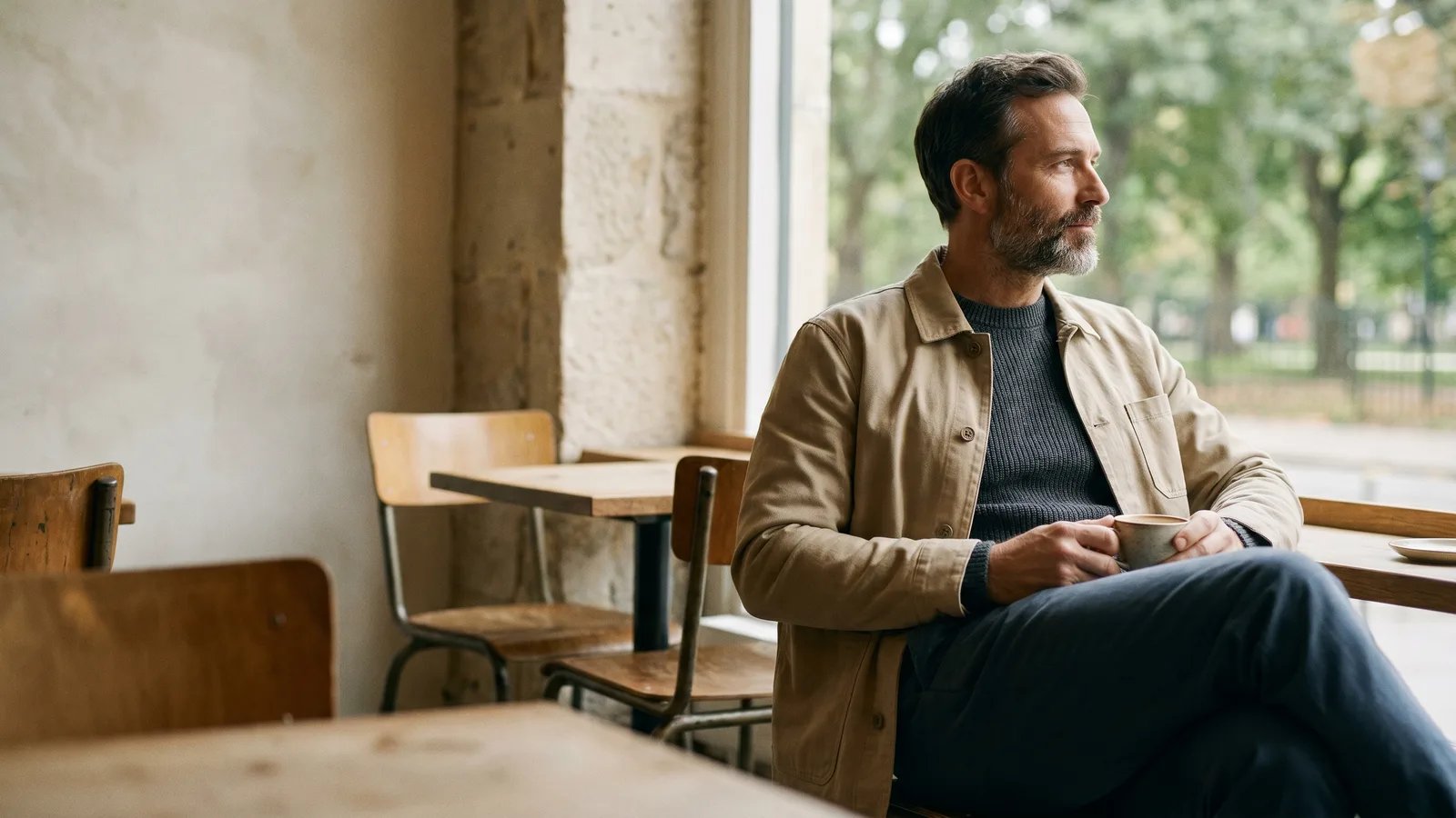 A man exemplifies the smart casual dresscode for men in a modern layered outfit.