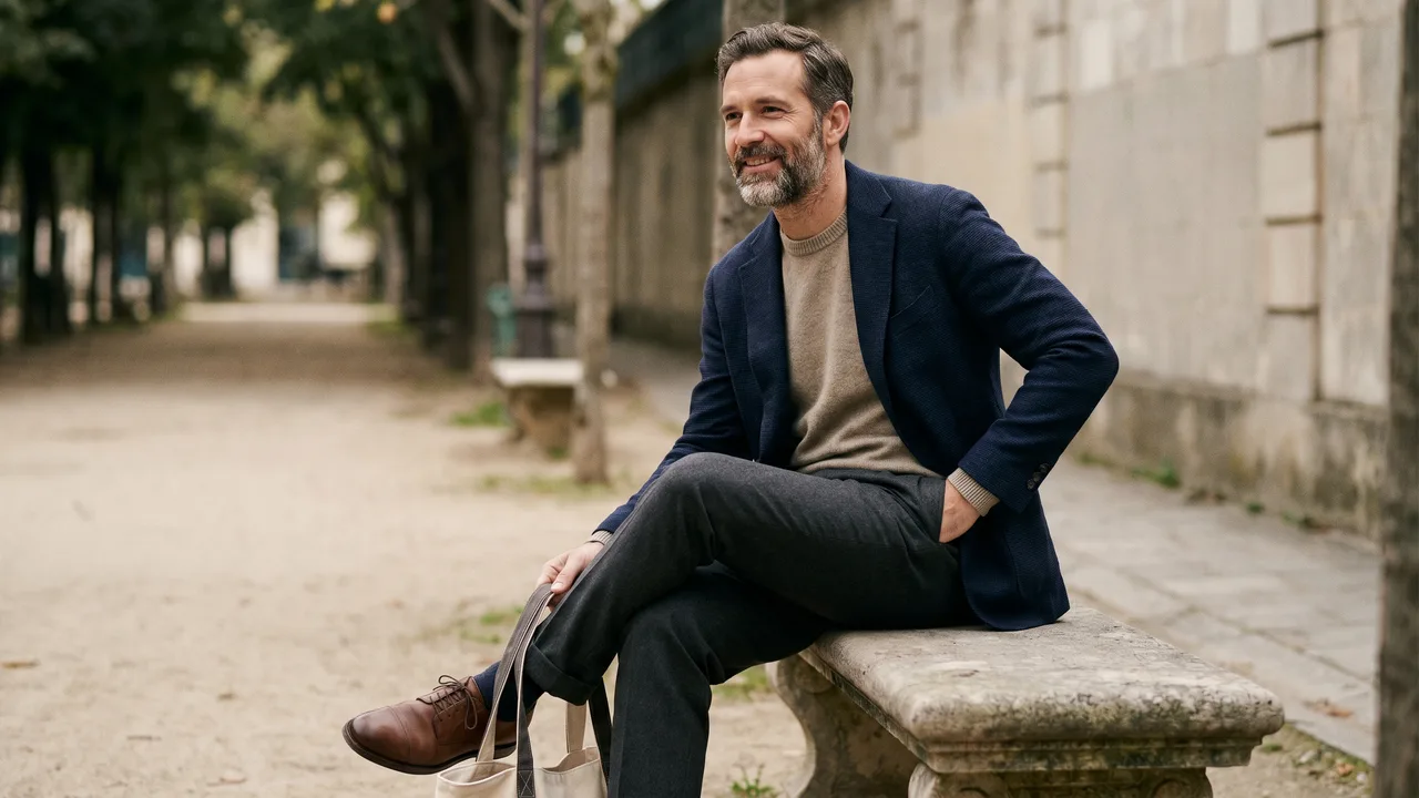 A man wearing smart casual interview wear walks purposefully through a bright, urban setting.