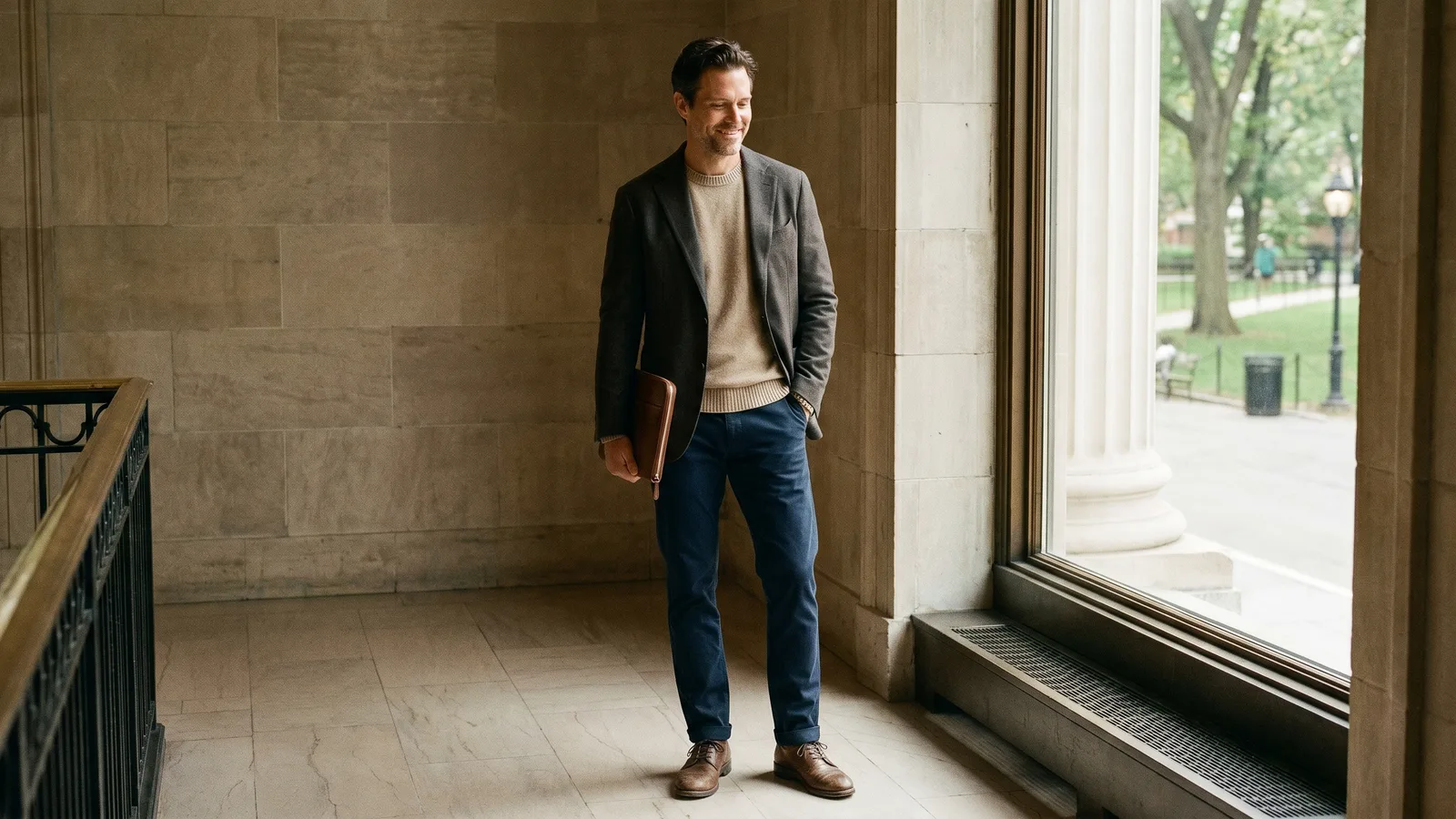 A man wearing smart casual interview wear, captured in a candid everyday moment.