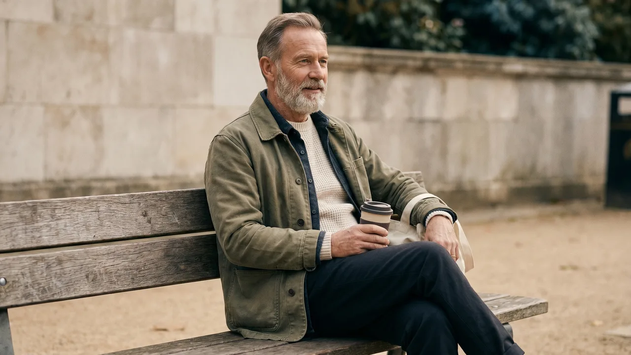A man demonstrates versatile smart casual men's layering in a naturally lit setting.