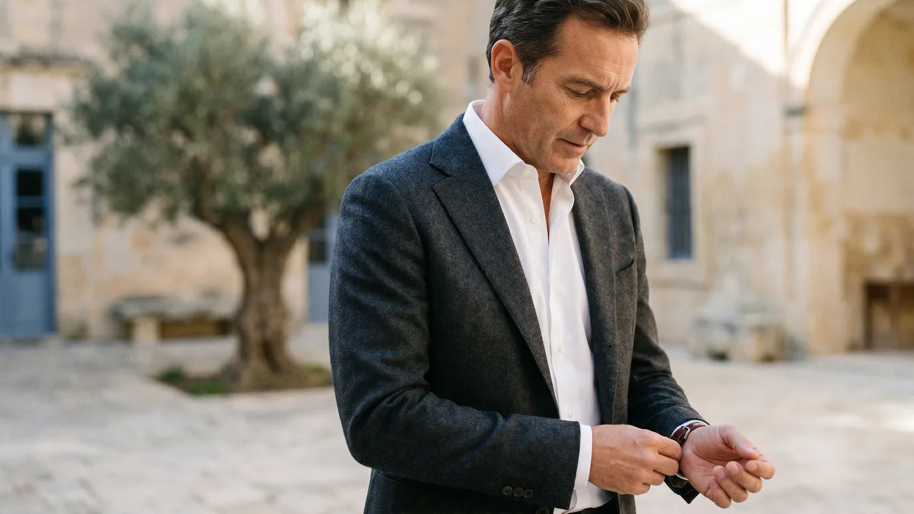 This man’s crisp, perfectly structured collar highlights the benefit of magnetic collar stays.