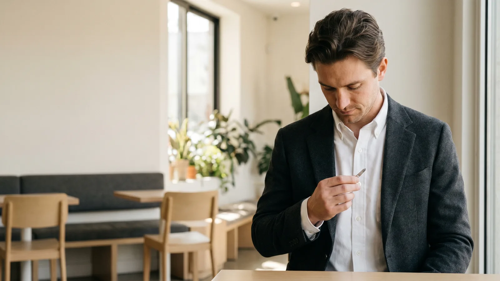 Man with a crisp, perfectly structured collar, illustrating where to put collar stays.